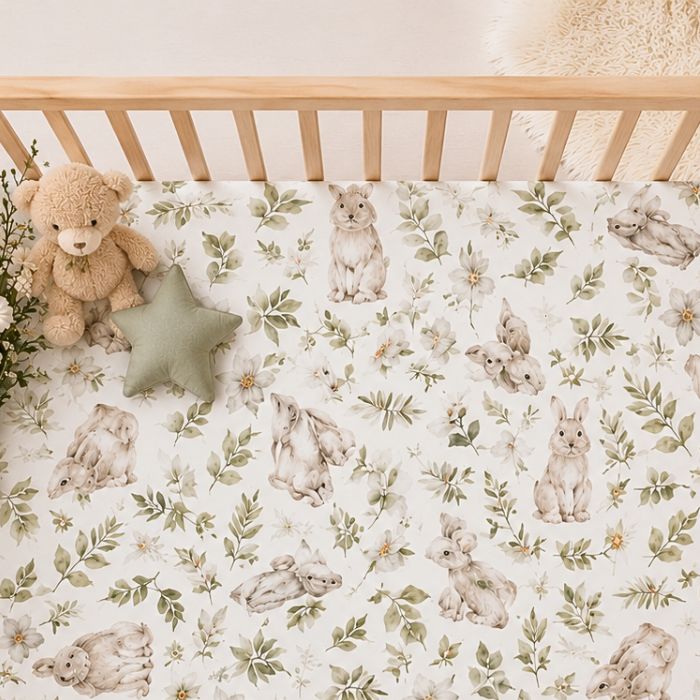 Drap housse lit bébé lapinou motifs lapins aquarelle et feuillages verts dans lit à barreaux bois naturel - vue de dessus