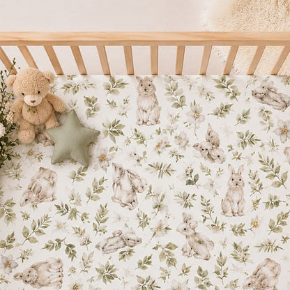 Drap housse lit bébé lapinou motifs lapins aquarelle et feuillages verts dans lit à barreaux bois naturel - vue de dessus