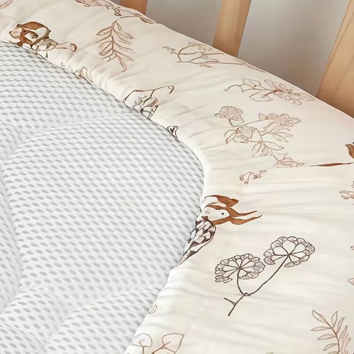 grand plan sur l'élastique et la texture du drap housse bebe motif forêt et lapins, bien ajusté autour du matelas de lit à barreaux en bois