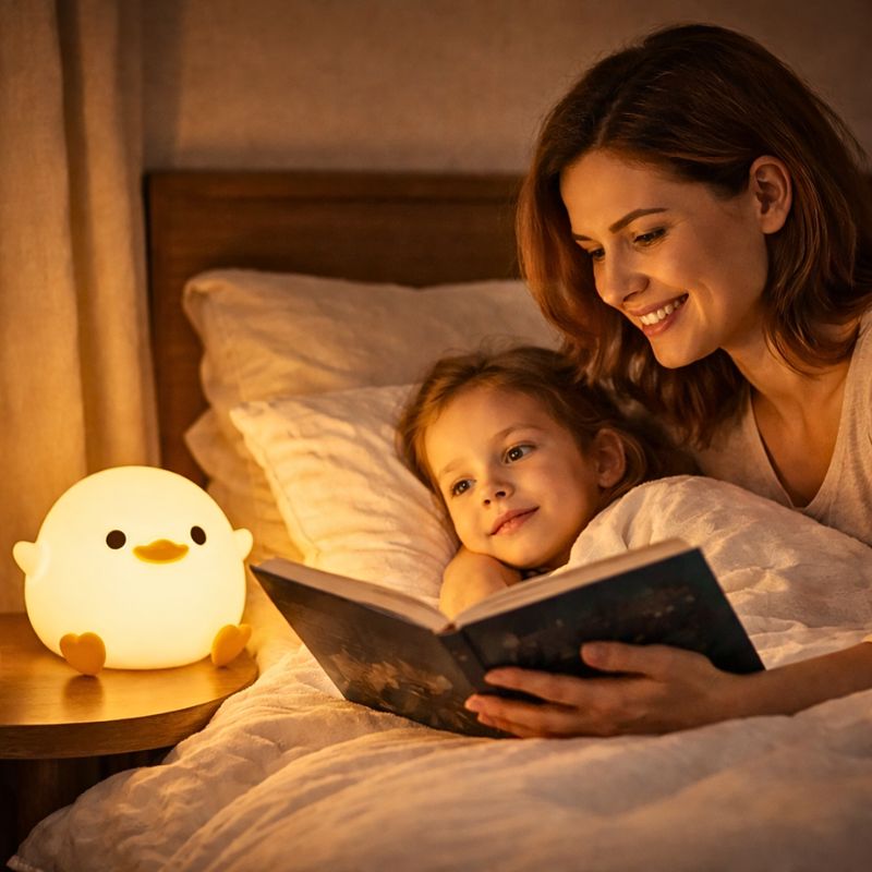 maman-fait-la-lecture-de-soir-avec-veilleuse-enfant-canard-pipou