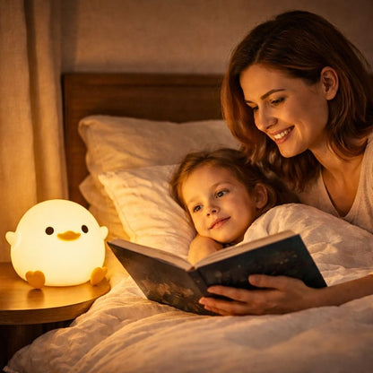 maman-fait-la-lecture-de-soir-avec-veilleuse-enfant-canard-pipou