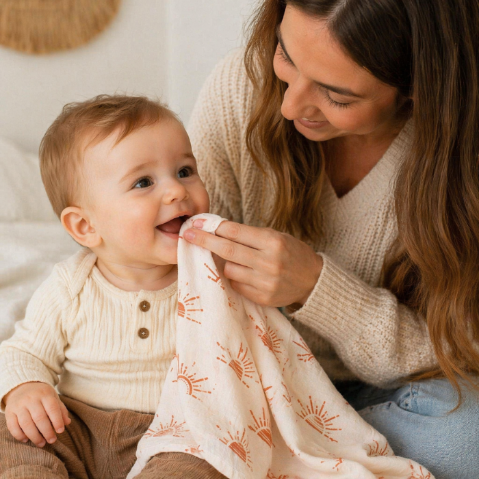 maman nettoie son bebe avec couverture bebe motif soleil en gaze de coton