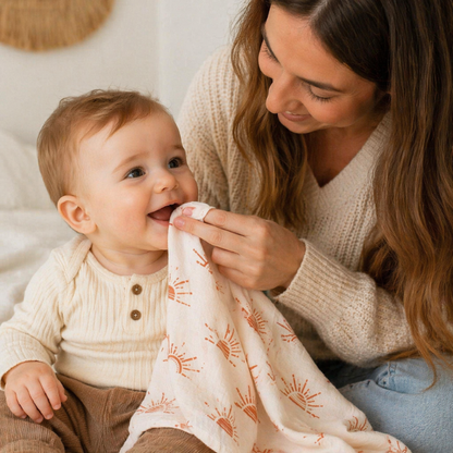 maman nettoie son bebe avec couverture bebe motif soleil en gaze de coton