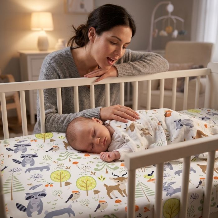 maman qui berce son bébé endormi sur drap housse lit bébé forêt et océan