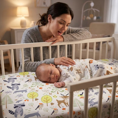 maman qui berce son bébé endormi sur drap housse lit bébé forêt et océan