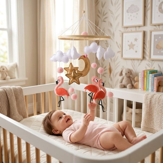 bébé sur le dos dans son lit émerveillé par mobile bébé flamants roses