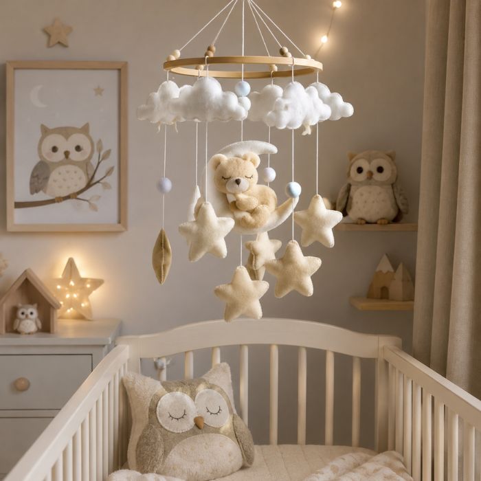 mobile ourson lune et étoiles pour lit bébé suspendu avec décoration hibou