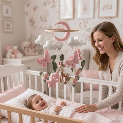 moment-de-complicite-entre-maman-et-son-bebe-fille-avec-mobile-bebe-fille-cerf-rose