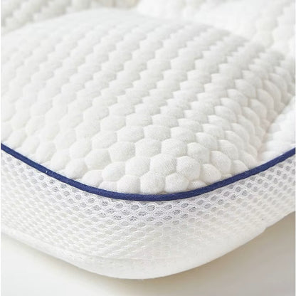 oreiller bébé ergonomique blanc avec couture bleue deux faces