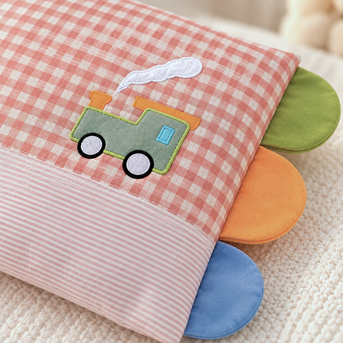 oreiller bébé petits aventuriers motif camion brodé