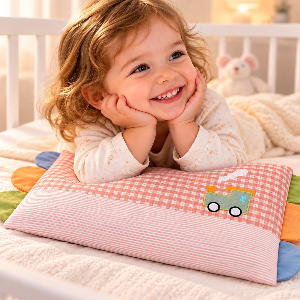 fille souriante dans son lit avec oreiller bébé petits aventuriers motif camion 
