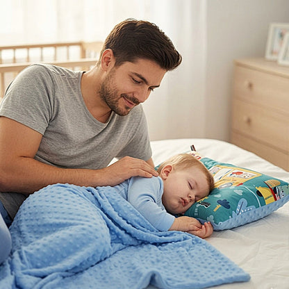 papa avec son bébé endormi sur oreiller bébé rêve de velours bleu 