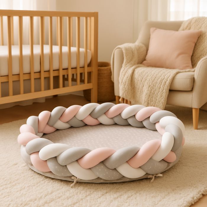 reducteur_de_lit_bebe_tresse_rose_et_gris_pose_au_sol