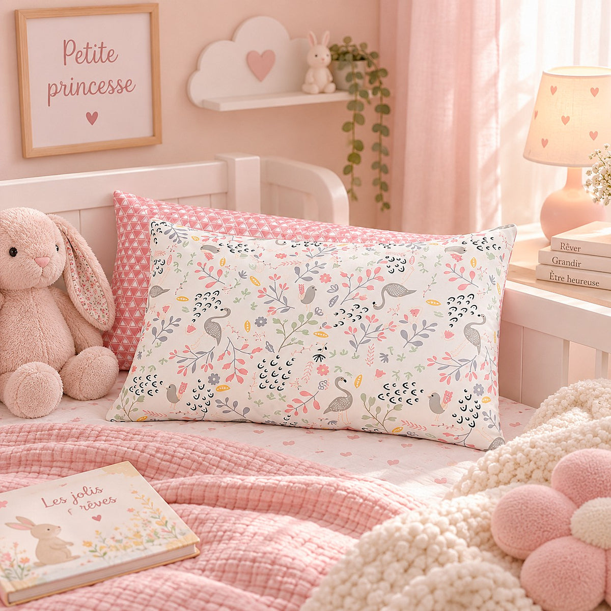taie d'oreiller bébé flamants et roses dans une chambre de petite fille