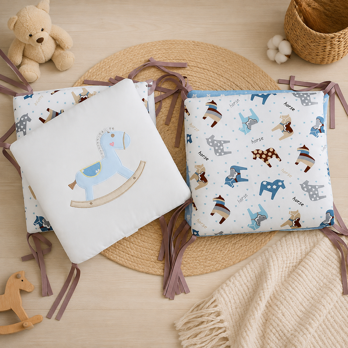 tour de lit bébé cheval bleu motifs chevaux colorés