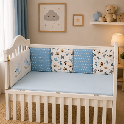 tour de lit bébé cheval bleu 6 coussins