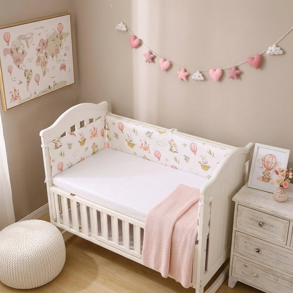 tour de lit bébé fille château lapin enchanté dans lit à barreaux blanc dans la chambre de bébé