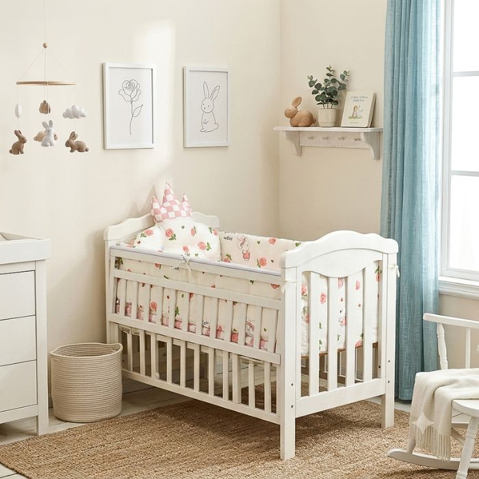 tour de lit bébé fille lapin coton dans lit blanc à barreaux