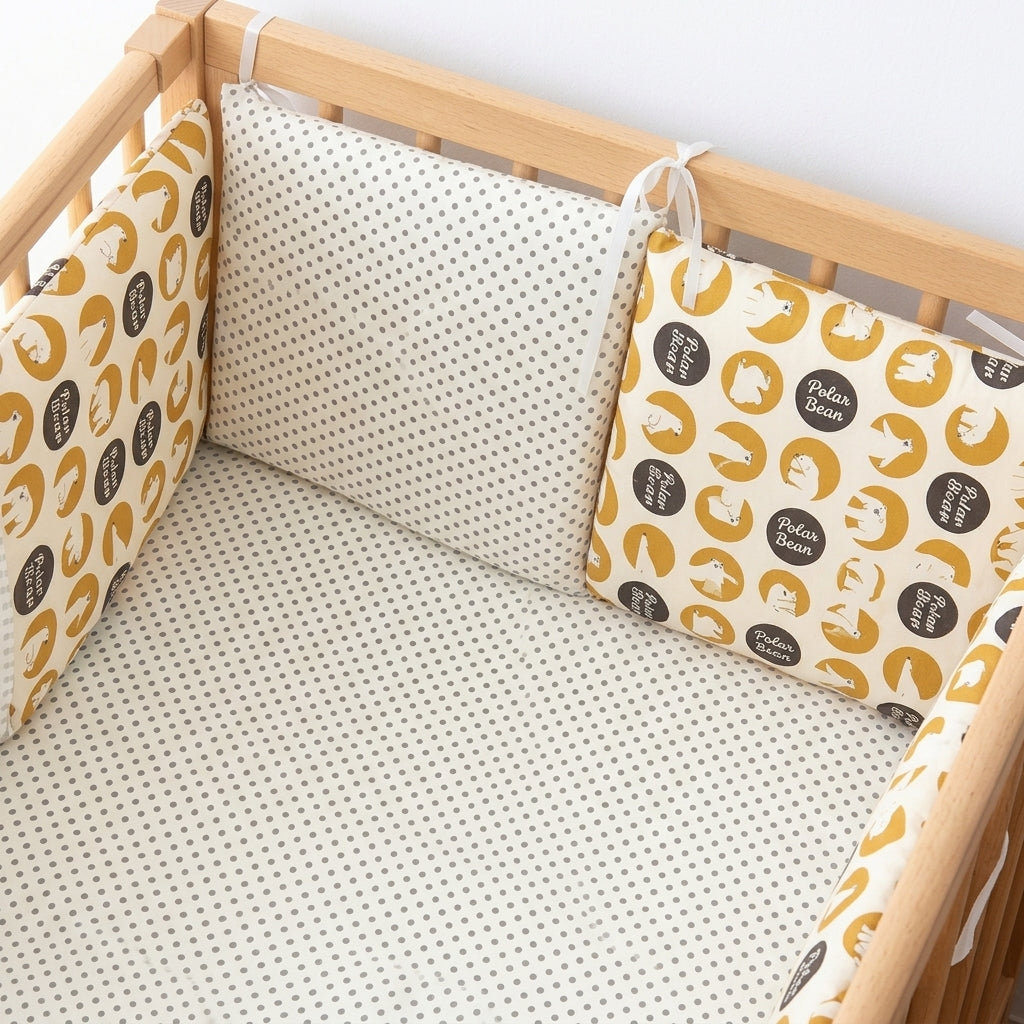 tour de lit bébé ours polaire gros plan sur les coussins motifs pois et ours polaires attachés