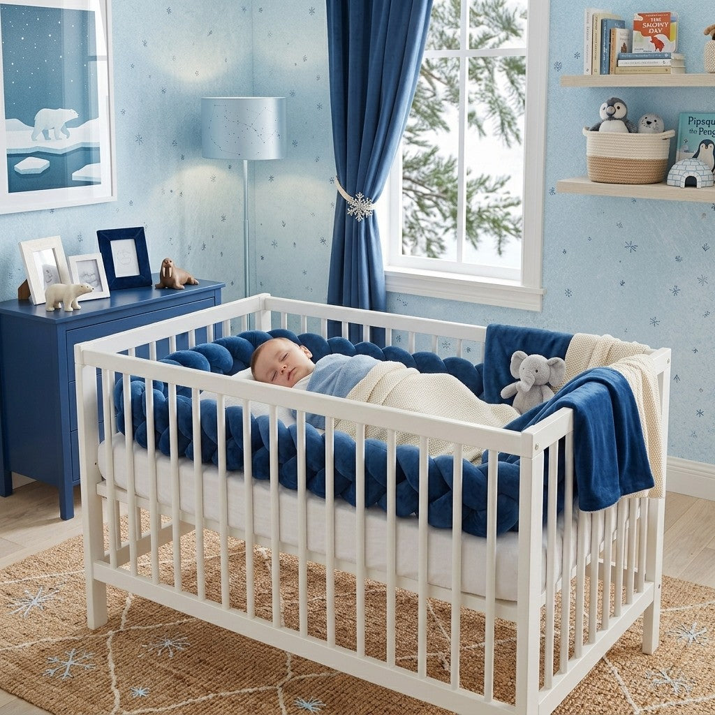 tour de lit tressé bébé velours bleu marine une chambre de bébé aux tons bleus